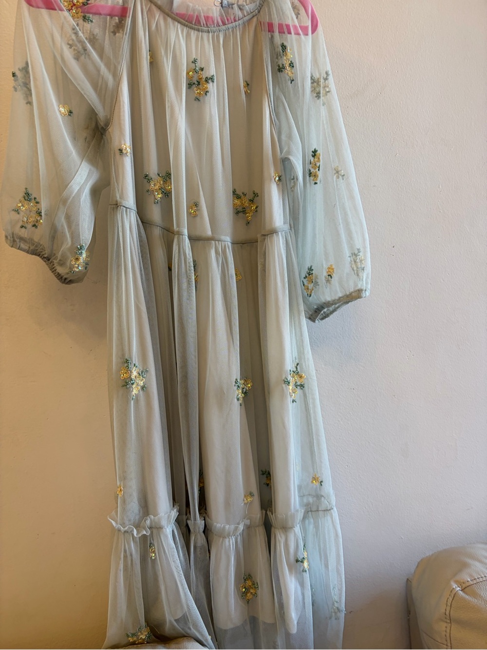 Zara Pale Blue Sheer Midi Dress with Yellow Floral Embroidery size 9